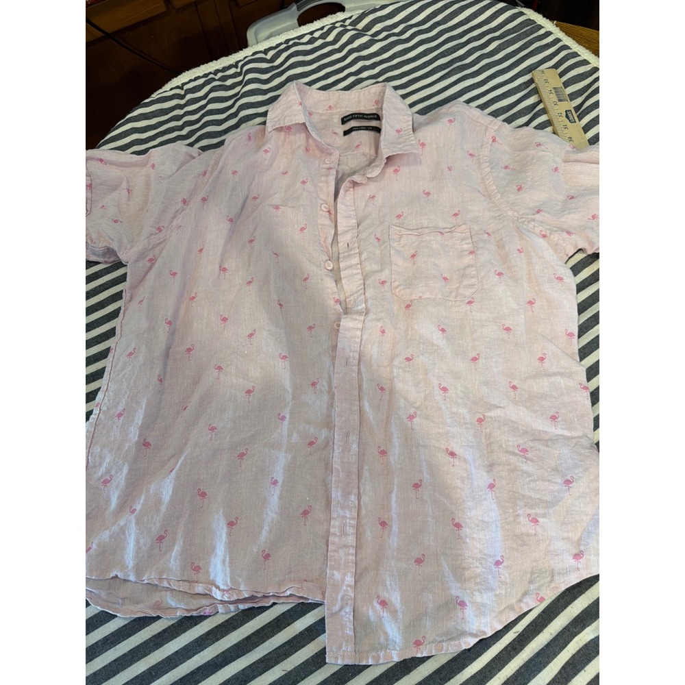 Saks Fifth Avenue Mens‎ XL Pink 100% Linen Flamingo Embroidered Short Sleeve